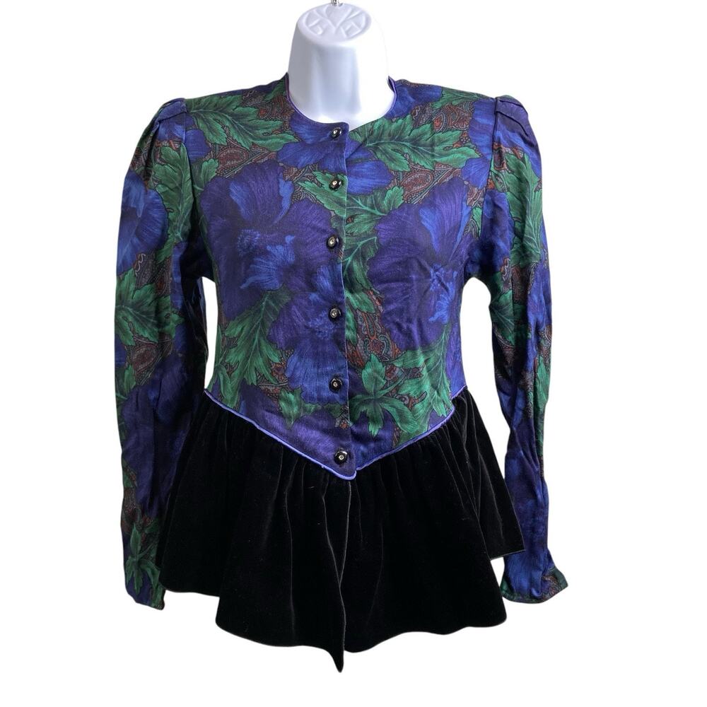 Vintage Zoe LTD Girls Blue Floral Velvet Velvet Top Size 8 Old Money Luxury‎